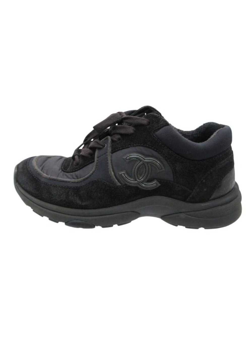 Chanel Sneakers Suede Leather Shoes CC Logo Black